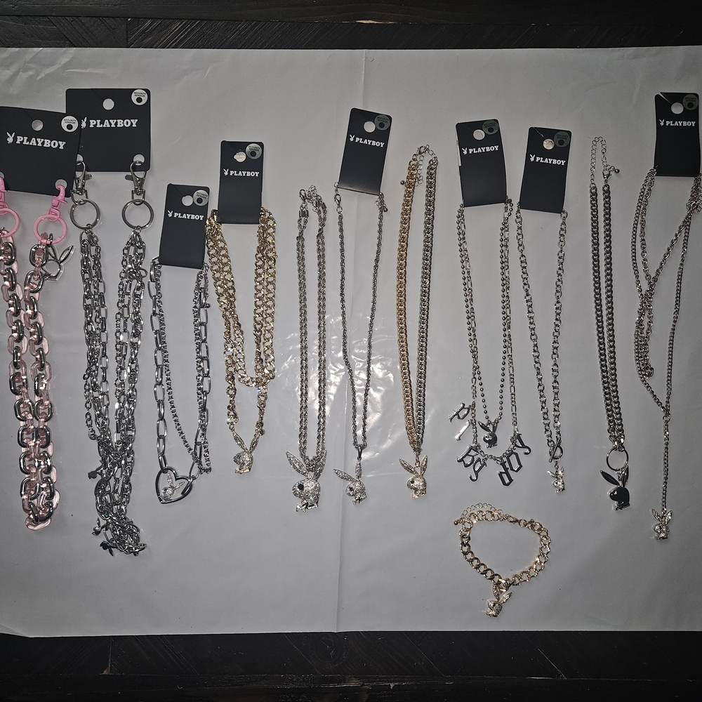 Playboy Necklace and Bracelet Set - Silver, Gold, Pink